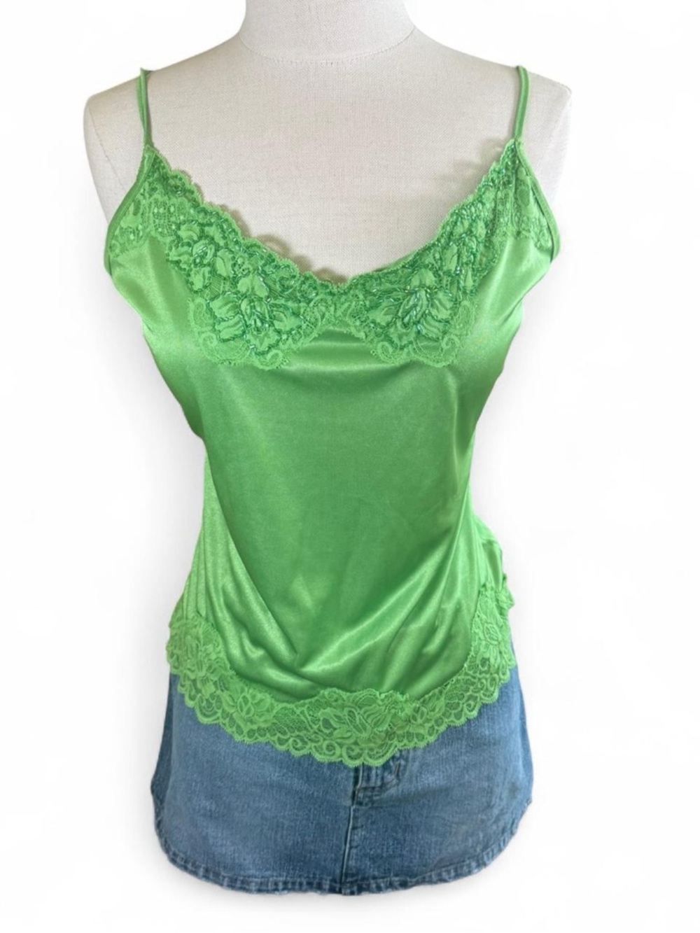 Green Lace-Trim Satin Camisole with Spaghetti Straps - Size M